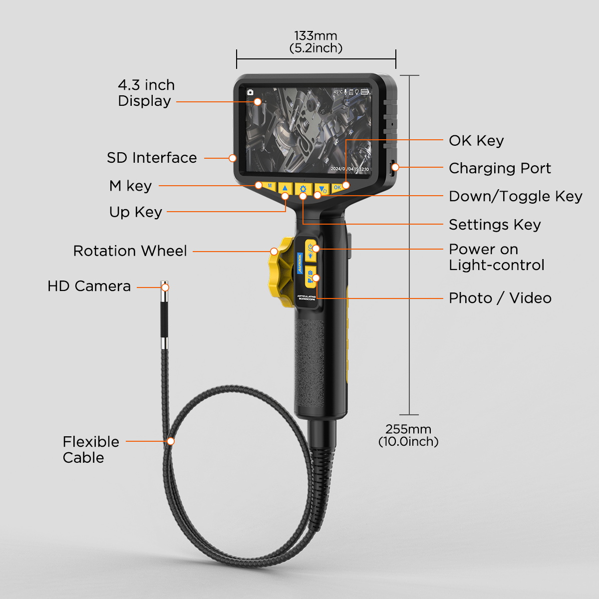 AUTOOL SVB305 product interface showing 4.3 inch display SD interface keys charging port rotation wheel camera and flexible cable dimensions
