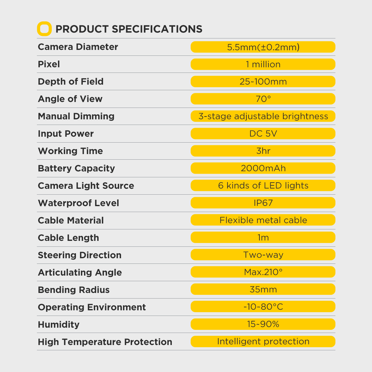 AUTOOL SVB305 product specifications including 5.5mm camera diameter 1 million pixels 25 to 100mm depth of field IP67 and 2000mAh battery