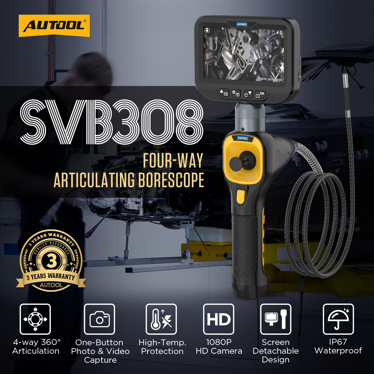 AUTOOL SVB308 car inspection camera four-way articulating borescope main product image