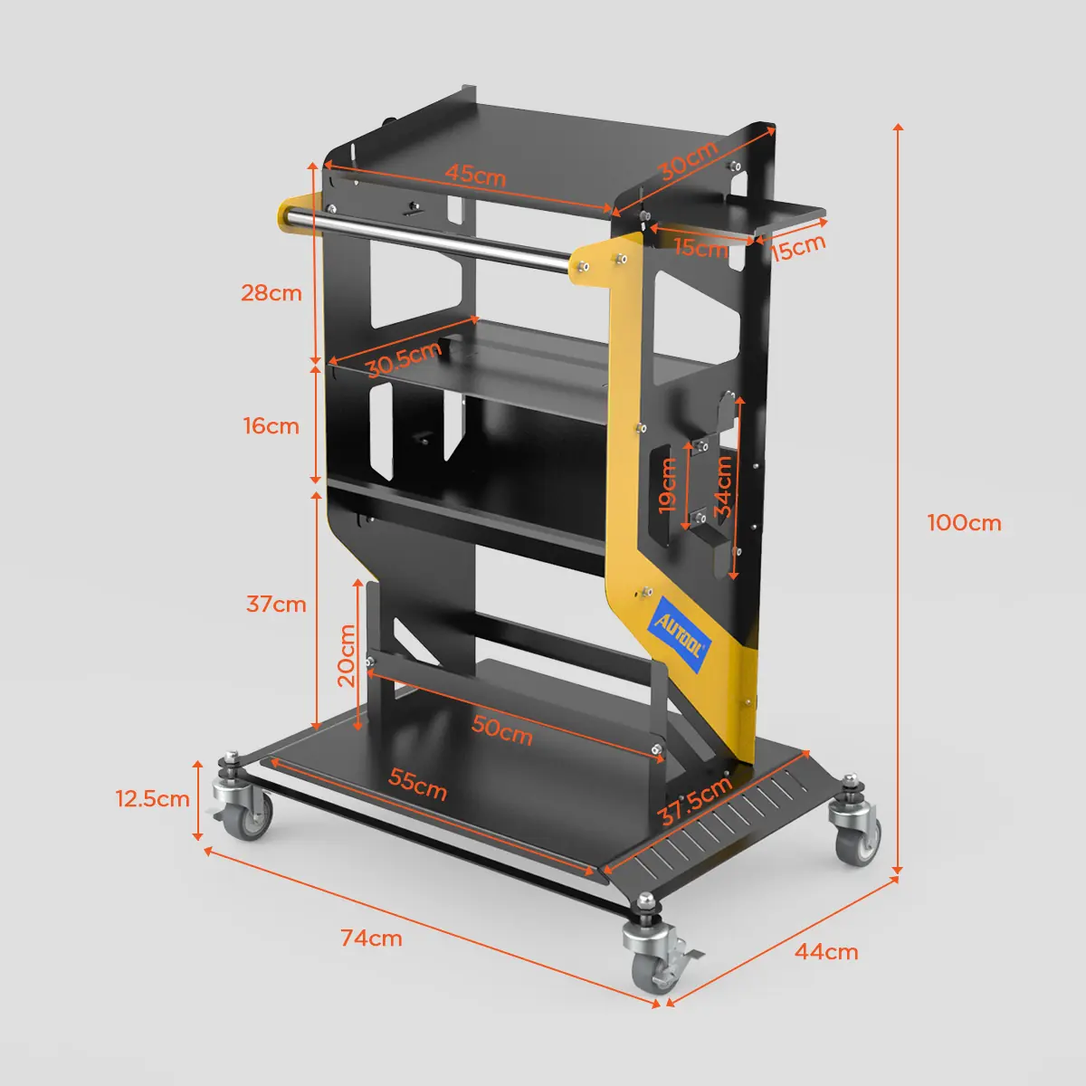 AUTOOL T22 detailed dimension diagram showing 74cm length 44cm width and 100cm height