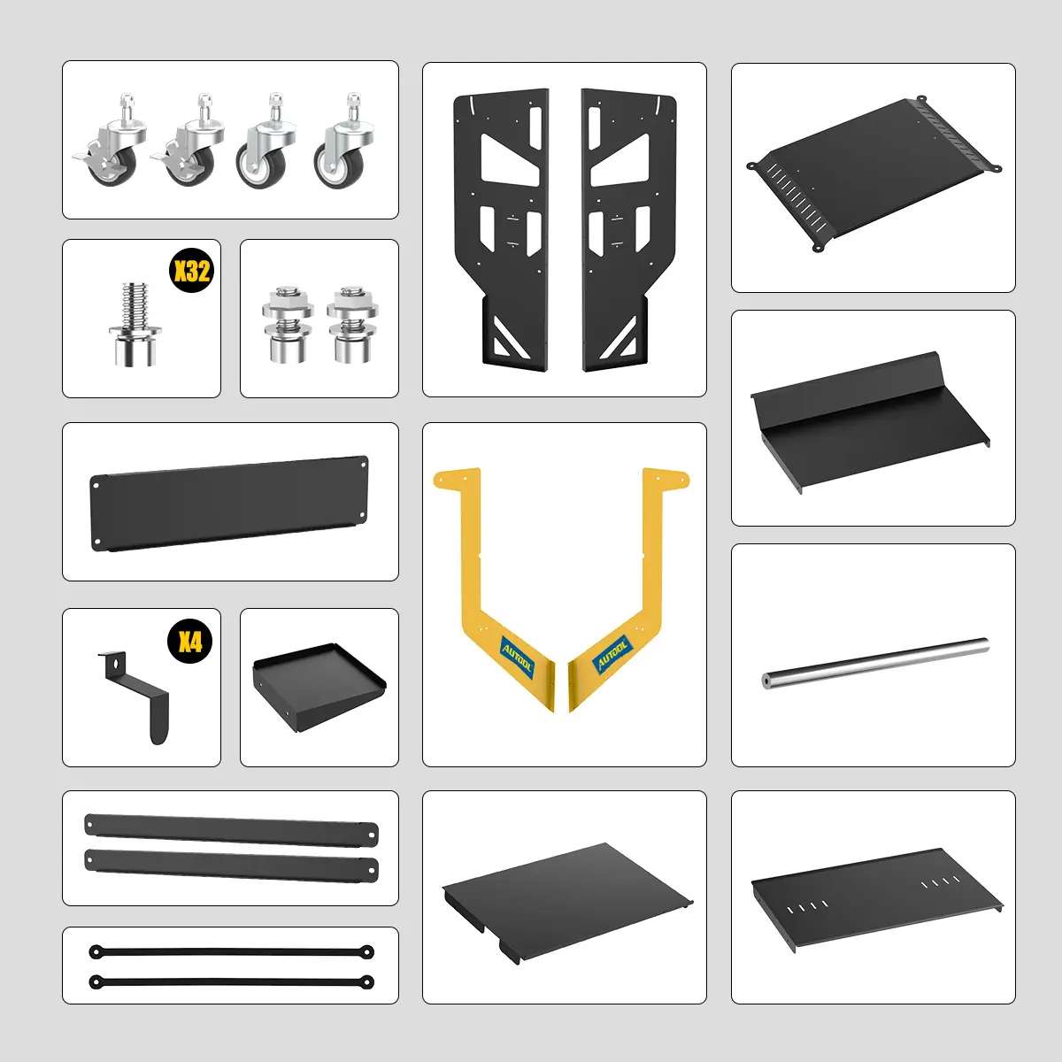 AUTOOL T22 packing list showing caster wheels side panels shelves handrail hooks fasteners and assembly parts