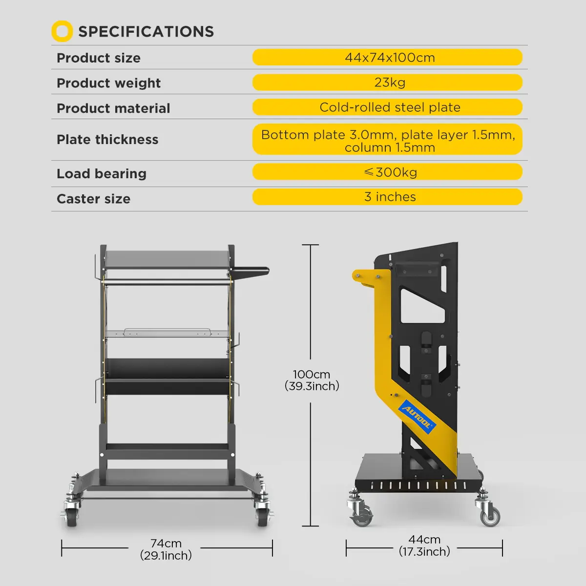 AUTOOL T22 specifications showing size weight material plate thickness load bearing and caster size