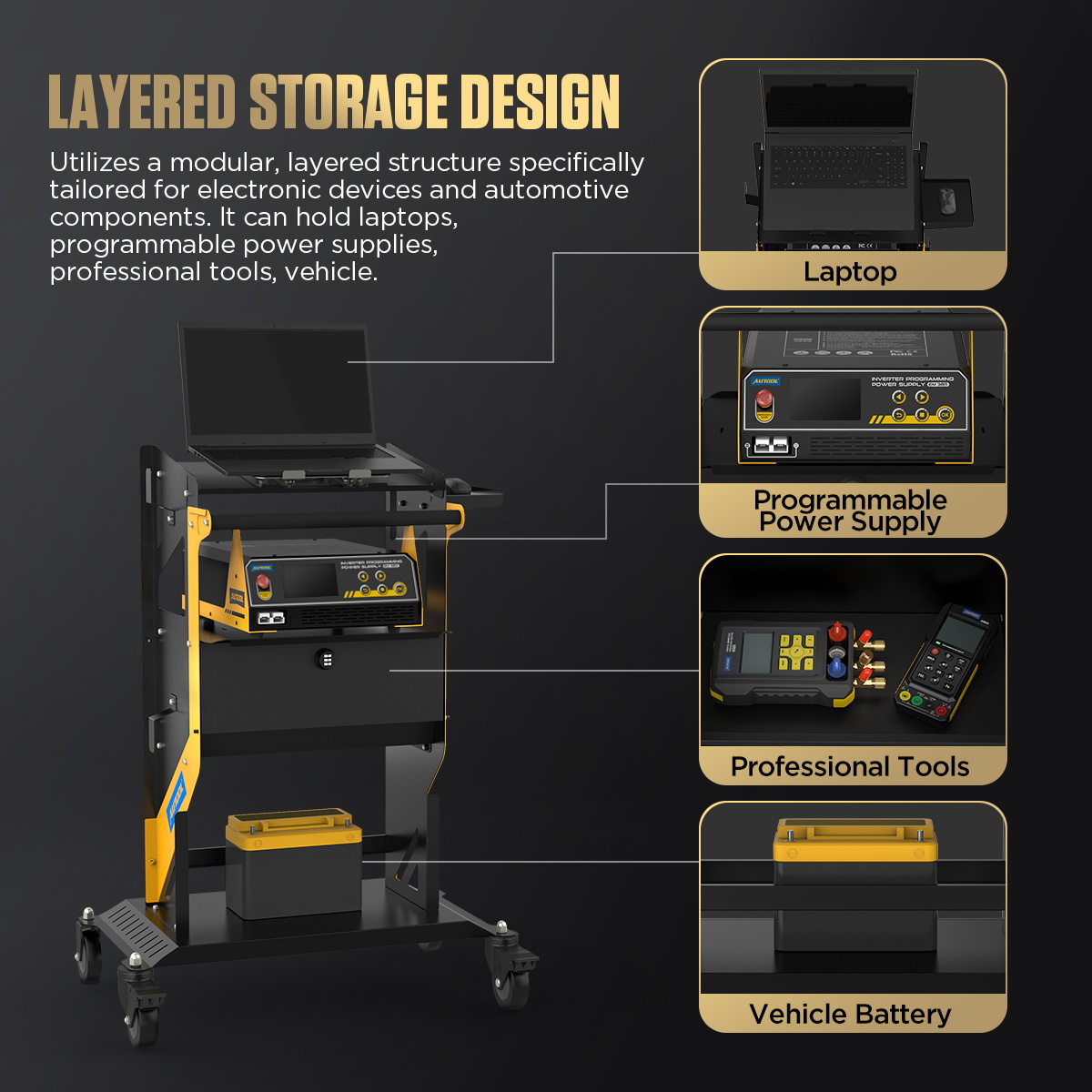 AUTOOL T23 layered storage design for laptop programming power supply tools and vehicle battery