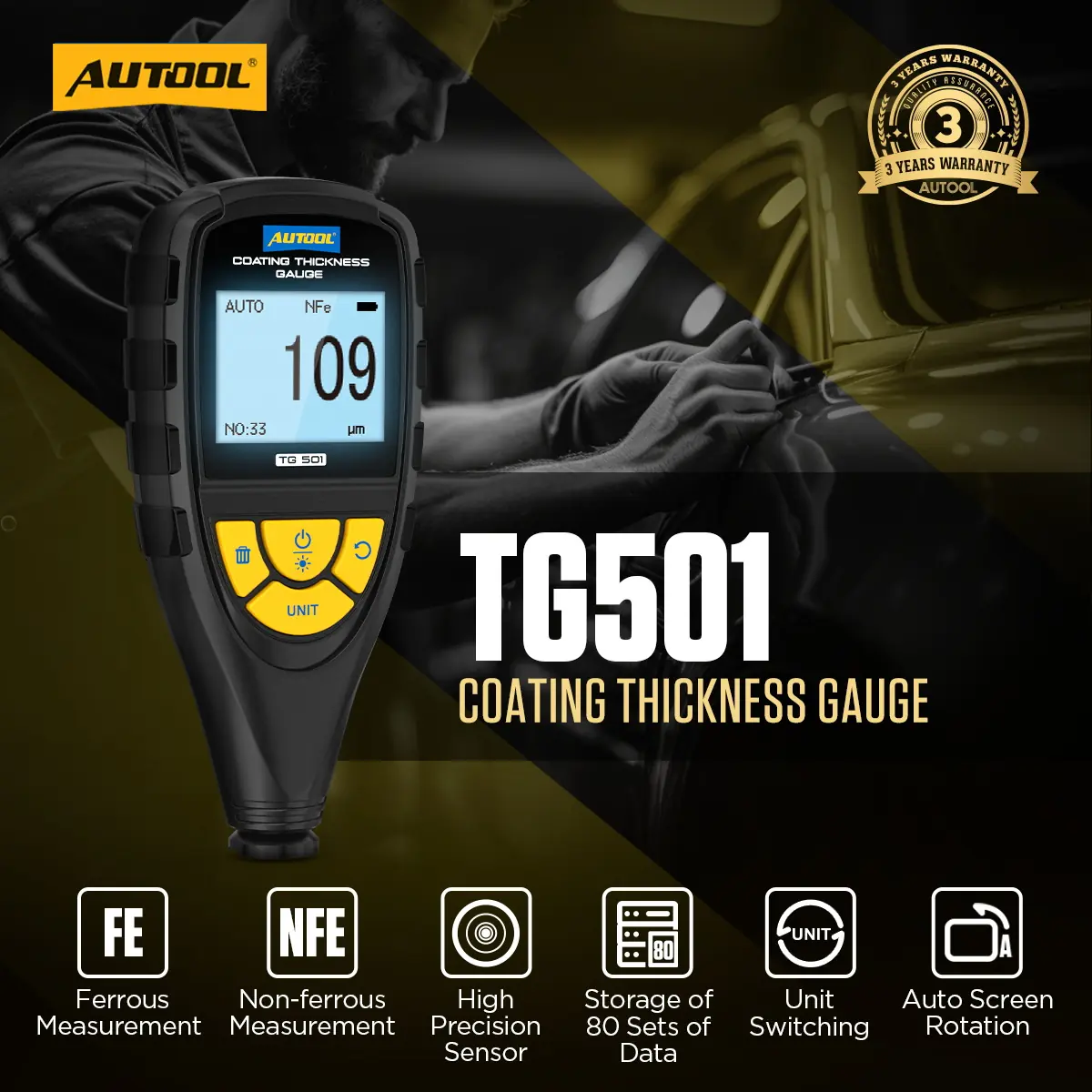AUTOOL TG501 coating thickness gauge main product image showing high precision sensor, Fe and NFe recognition, 80 data sets, unit switching, and automatic screen rotation