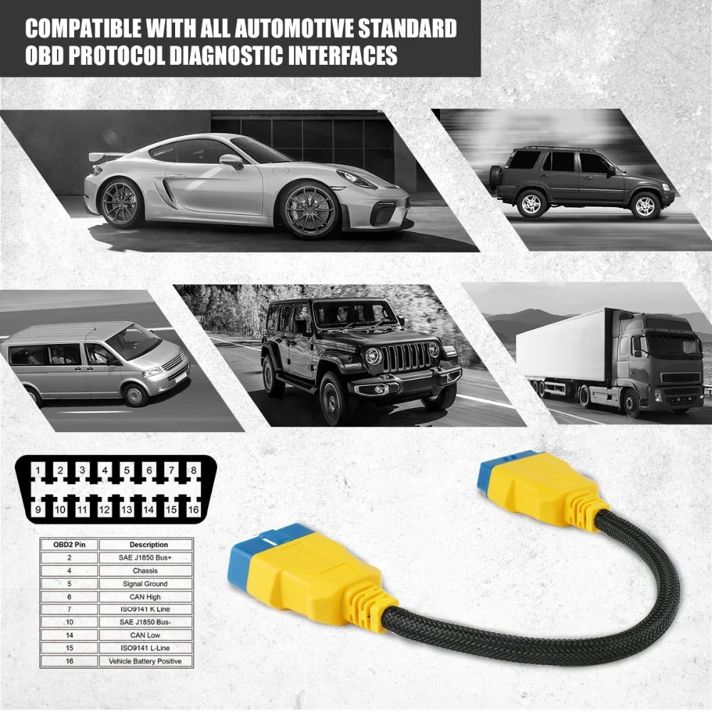 AUTOOL OBD2 extension cable compatible with standard automotive OBD protocol diagnostic interfaces