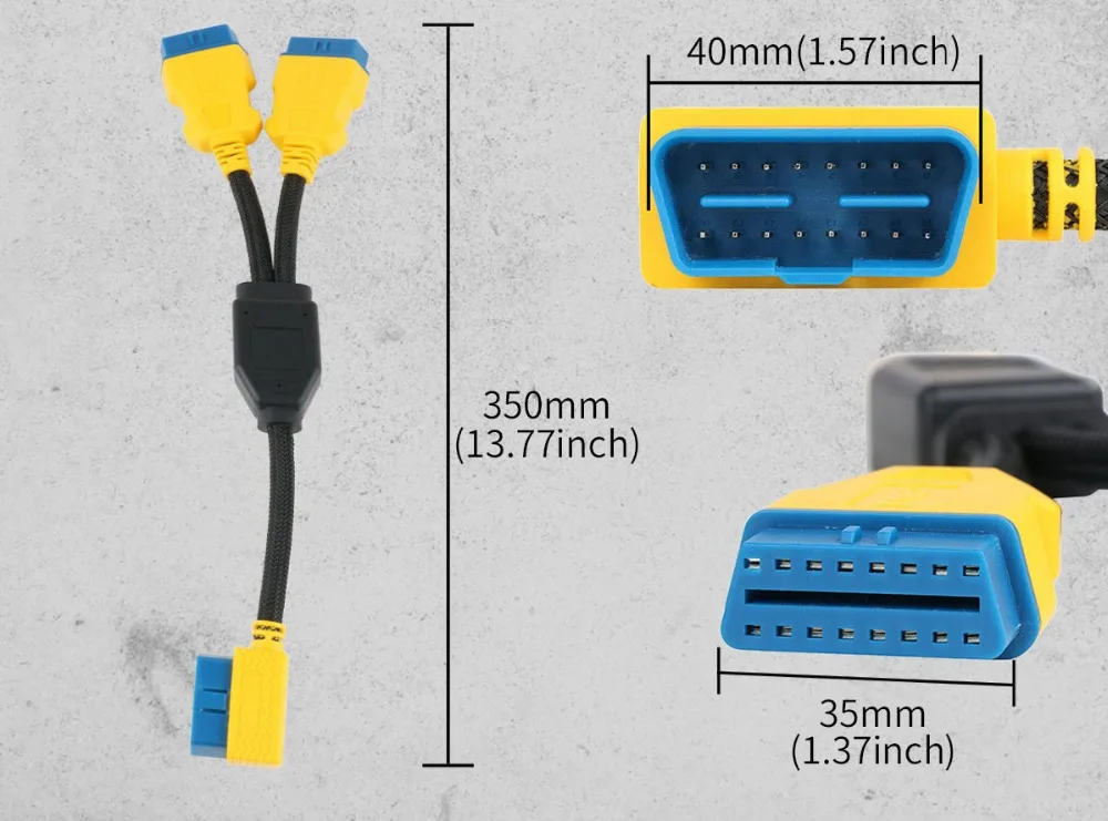 AUTOOL OBD2 splitter cable size chart showing 350mm length 40mm male connector and 35mm female connector