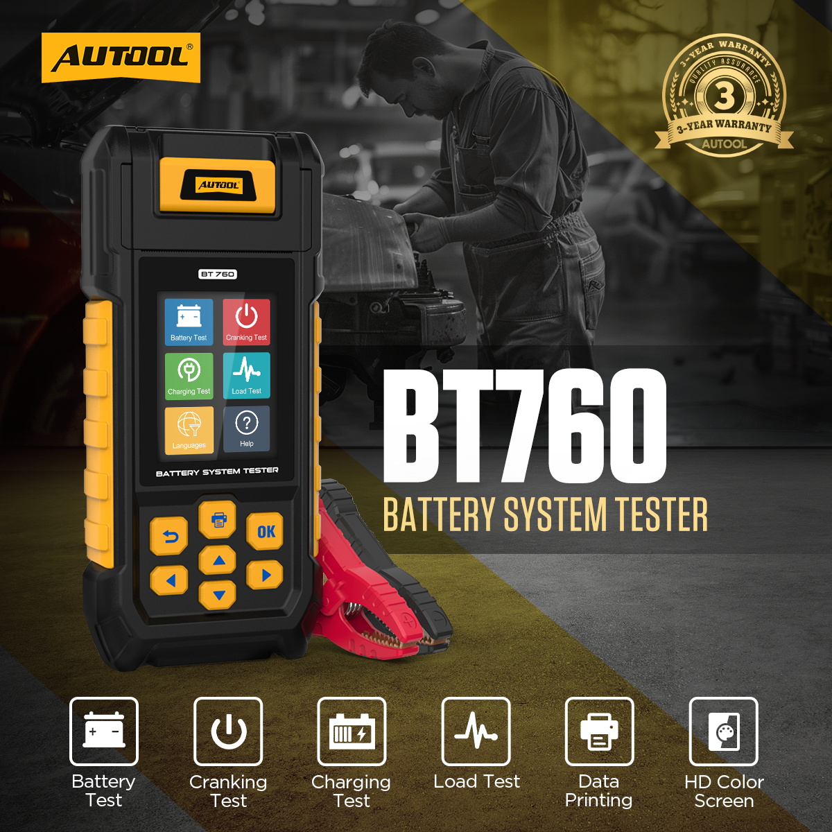 AUTOOL BT760 battery system tester main product image with battery test cranking test charging test load test data printing and HD color screen