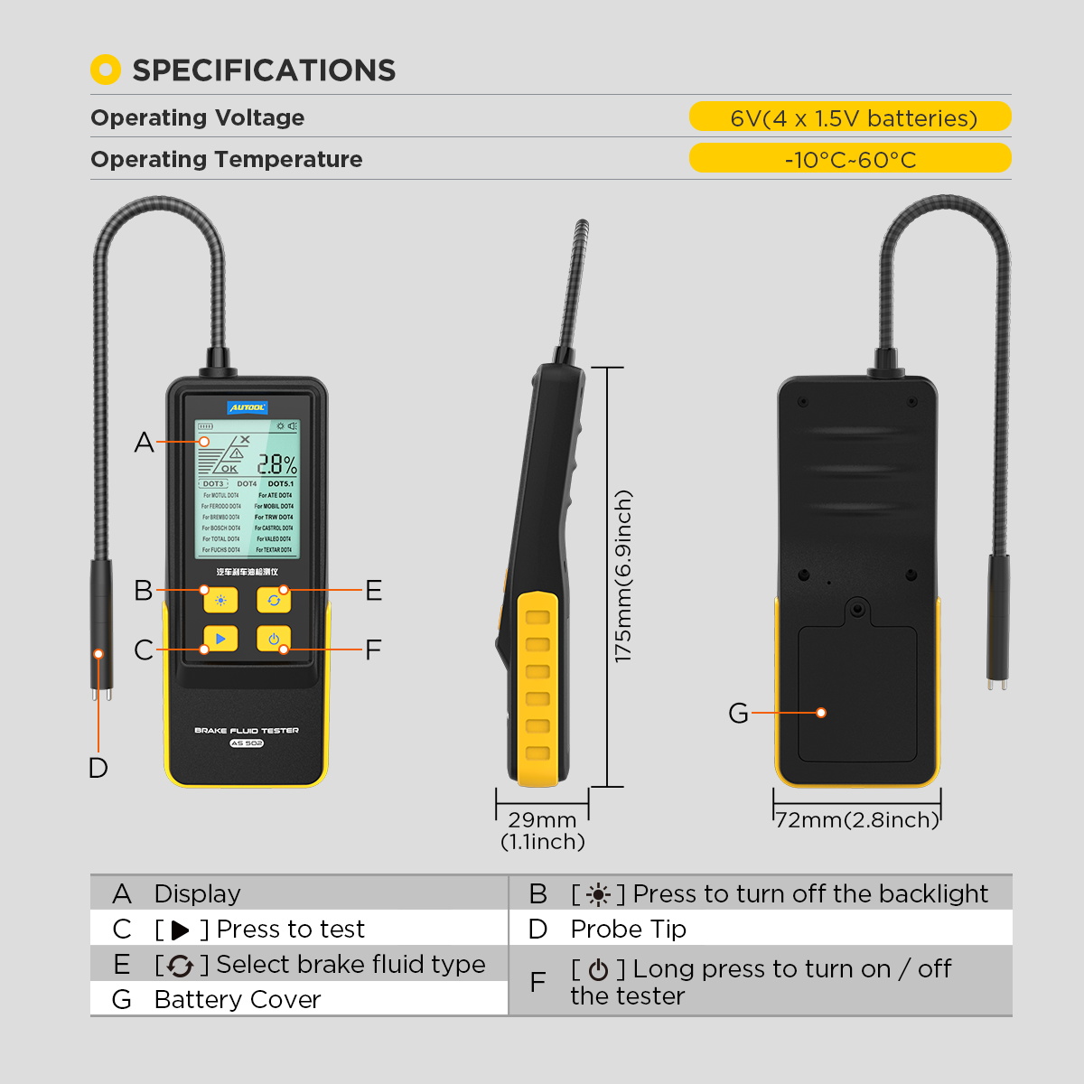 AUTOOL AS502 specifications image showing 6V power 4 AAA batteries operating temperature and button functions