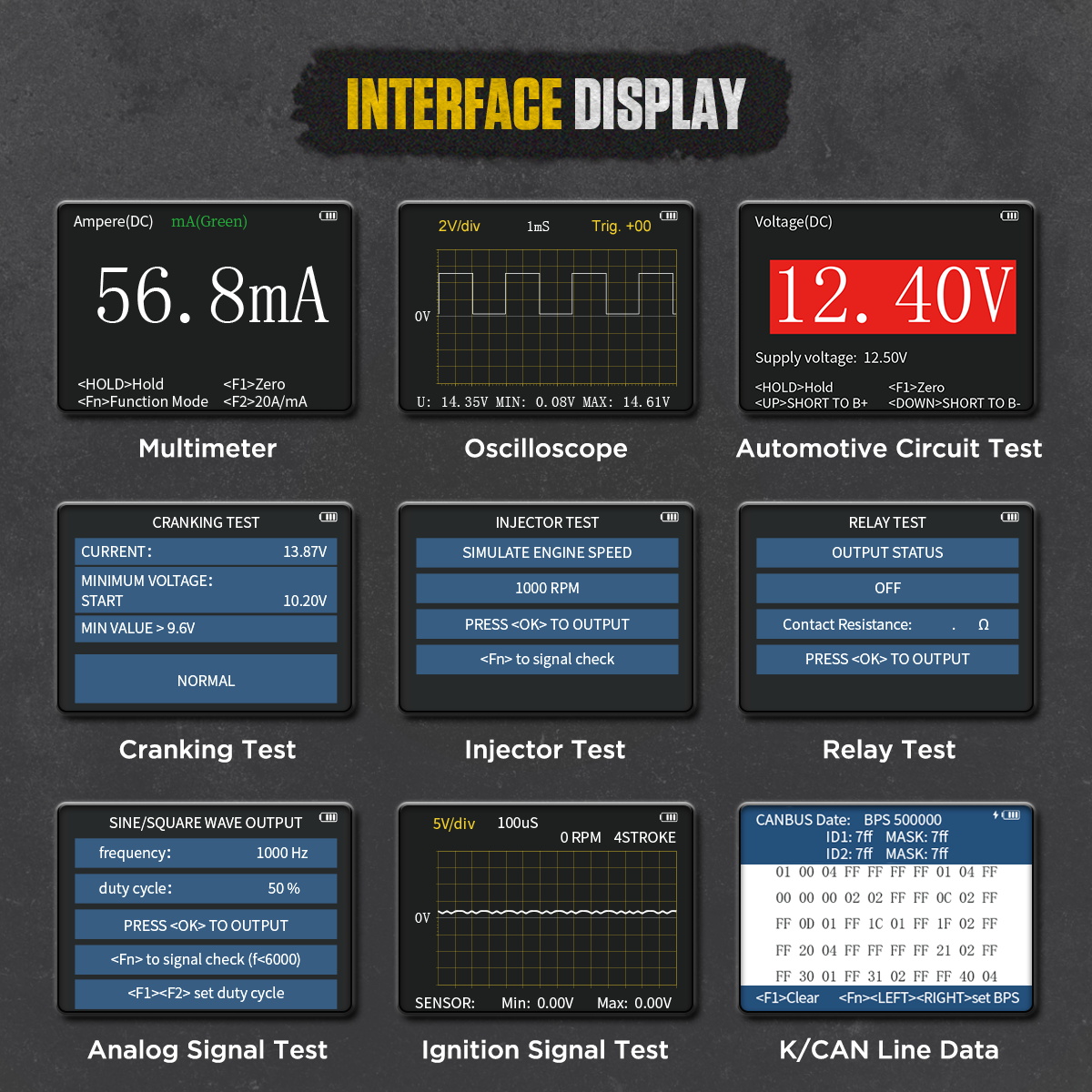 AUTOOL DM303 interface display for multimeter oscilloscope circuit cranking injector relay analog ignition and K CAN line data