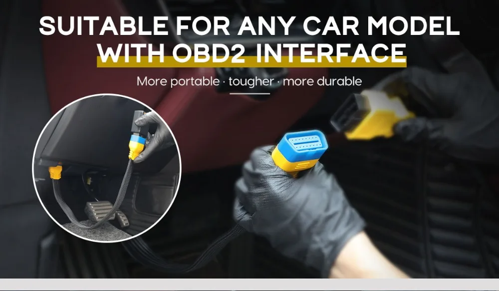 AUTOOL OBD2 extension cable used with a vehicle OBD2 interface
