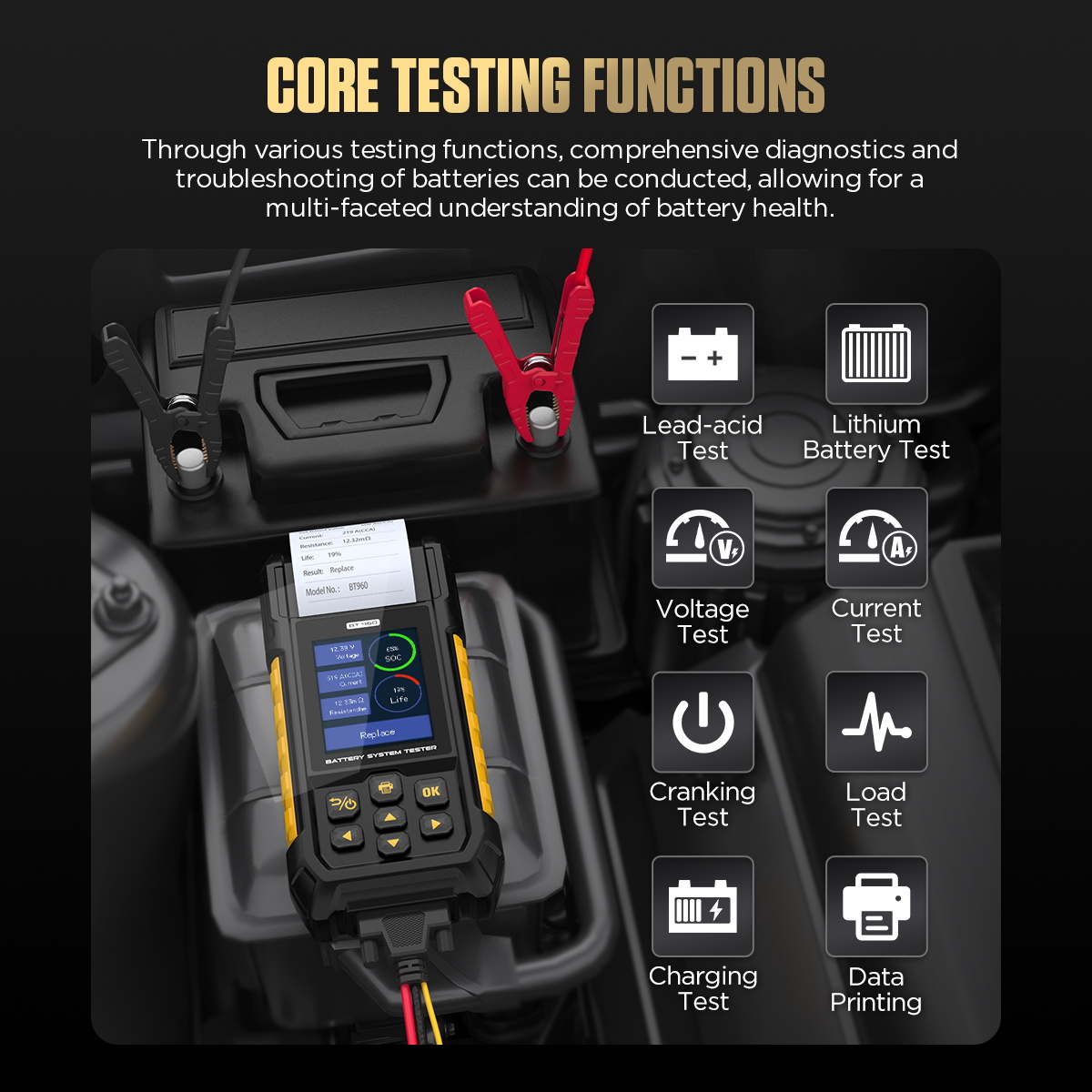 AUTOOL BT960 core testing functions including lead-acid lithium voltage current cranking load charging and printing