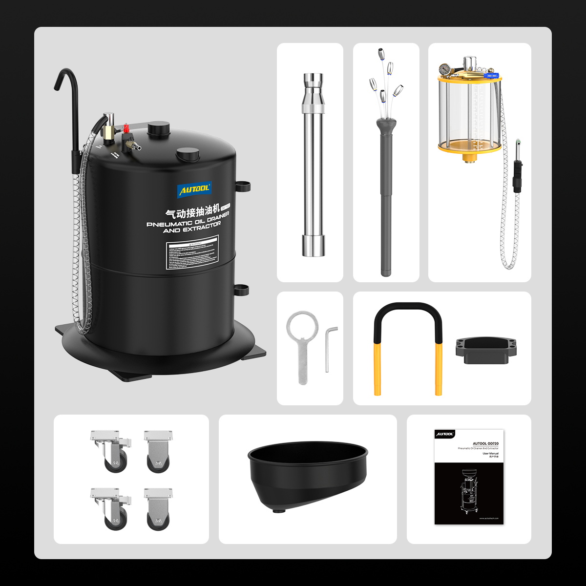 AUTOOL OD720 packing list showing oil storage tank measuring cup assembly oil catch pan lifting rod evacuation wands casters handle and manual