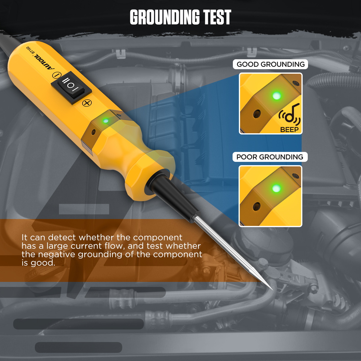 AUTOOL BT160 grounding test image showing good and poor grounding feedback