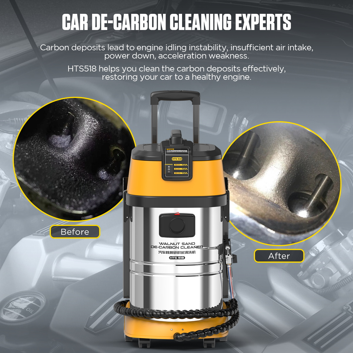 AUTOOL HTS518 before and after car de-carbon cleaning result