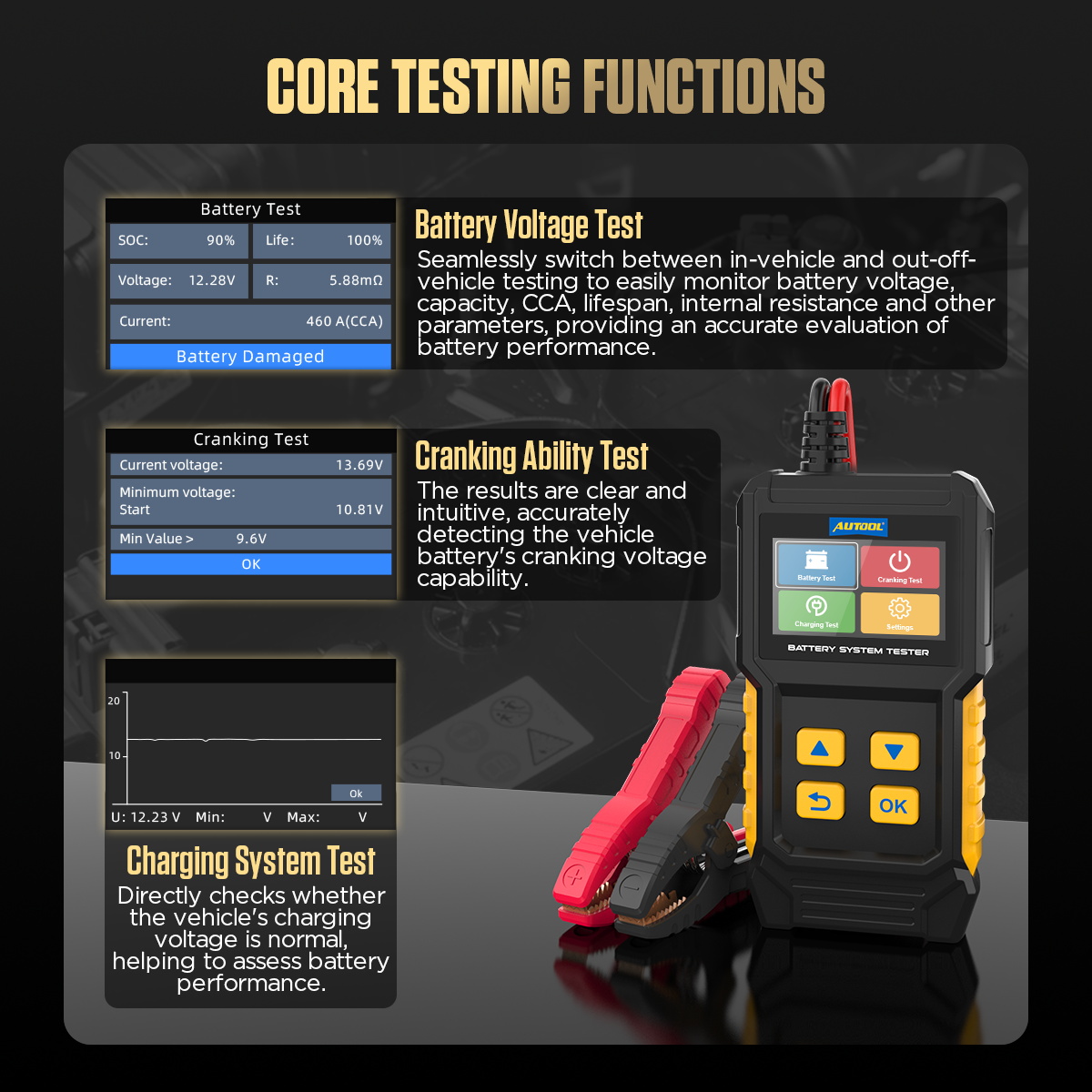 AUTOOL BT360 core testing functions battery voltage test cranking ability test and charging system test