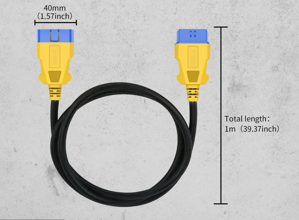 AUTOOL OBD2 extension cable size image showing 1m total length and 40mm connector width