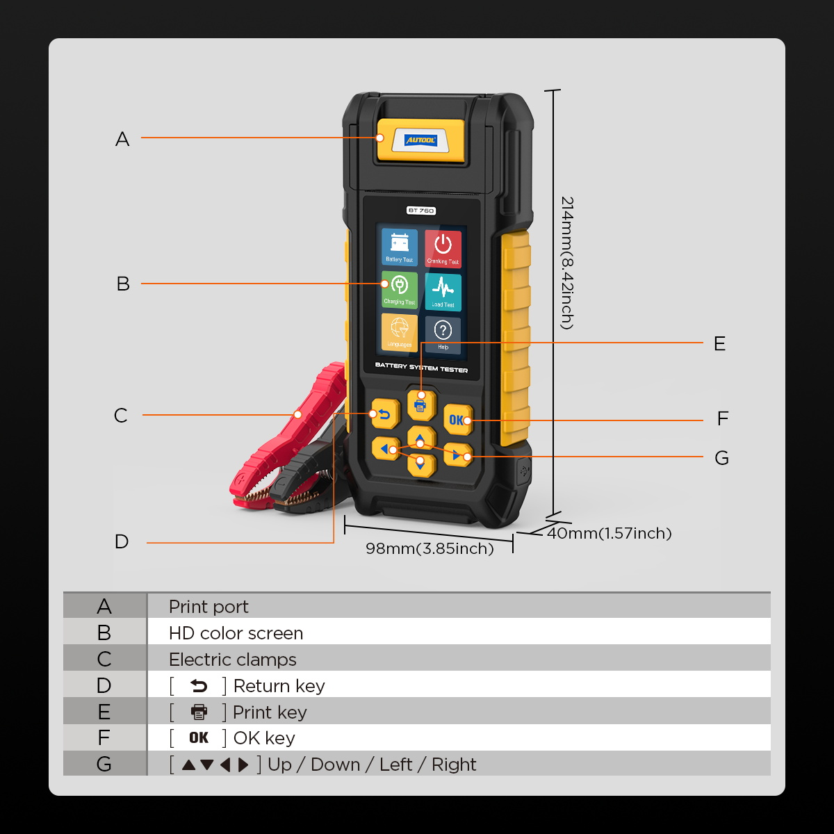 AUTOOL BT760 product structure print port HD color screen electric clamps print key OK key and dimensions