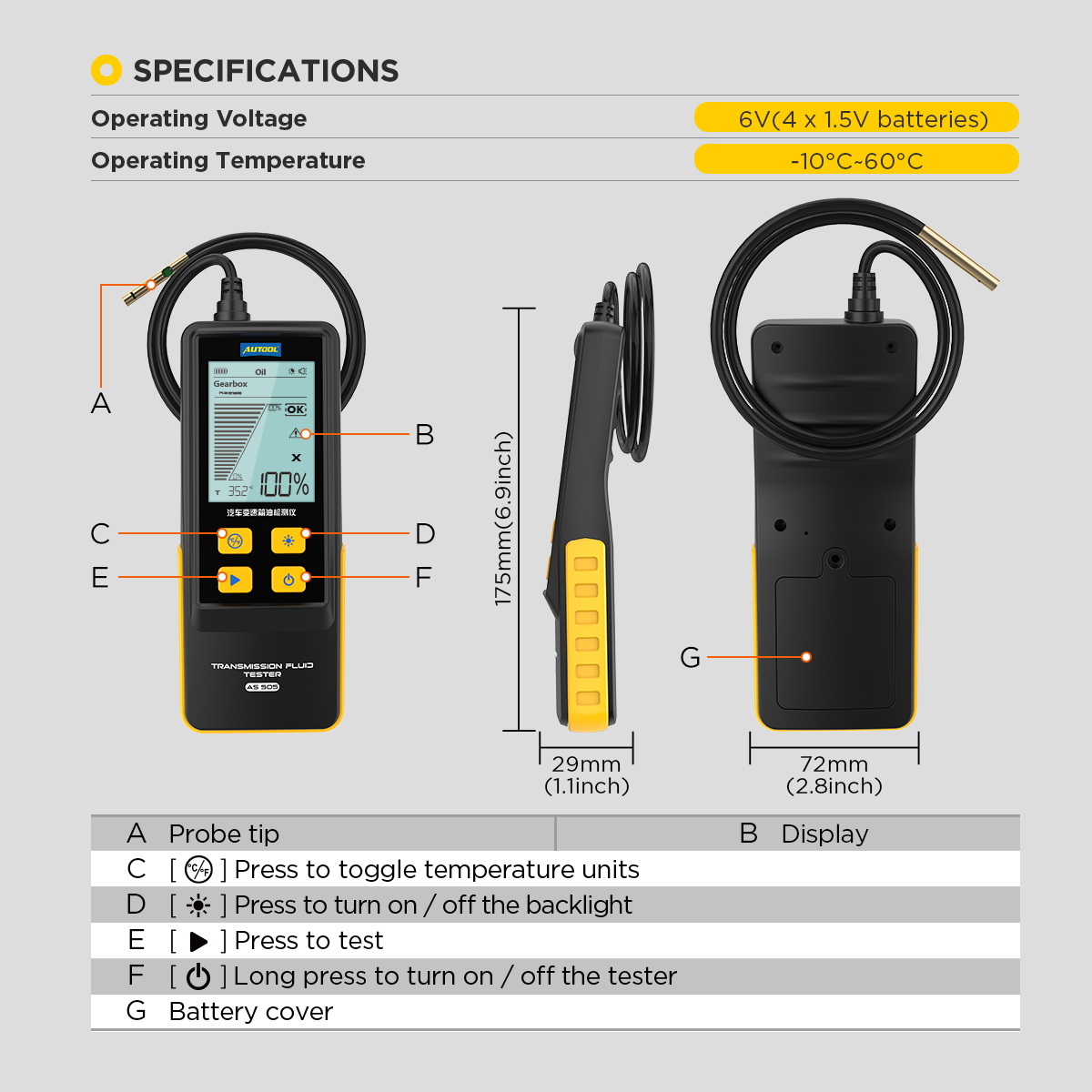 AUTOOL AS505 specifications image showing 6V operating voltage operating temperature product dimensions and button functions