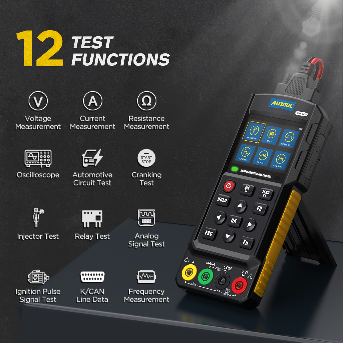 AUTOOL DM303 12 test functions including voltage current resistance oscilloscope circuit cranking injector relay analog ignition K CAN and frequency
