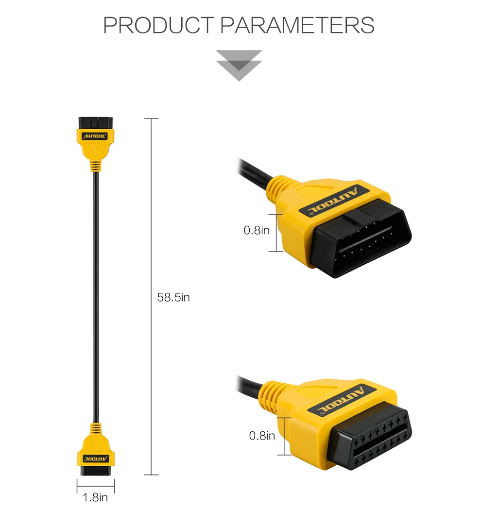 AUTOOL OBD2 extension cable product parameters including 58.5 inch length and connector dimensions