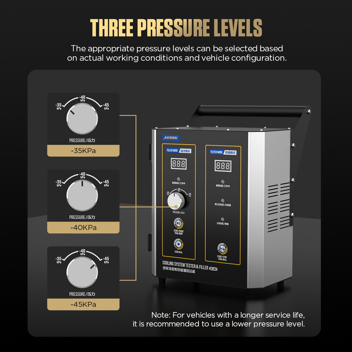 AUTOOL SC301 three pressure levels minus 35 minus 40 and minus 45 KPa