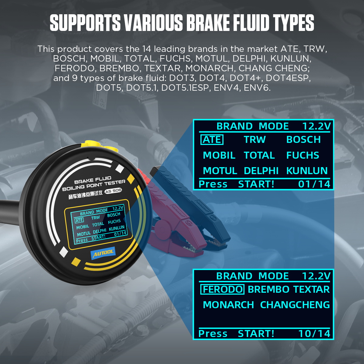 AUTOOL AS506 supported brake fluid types and brand mode references