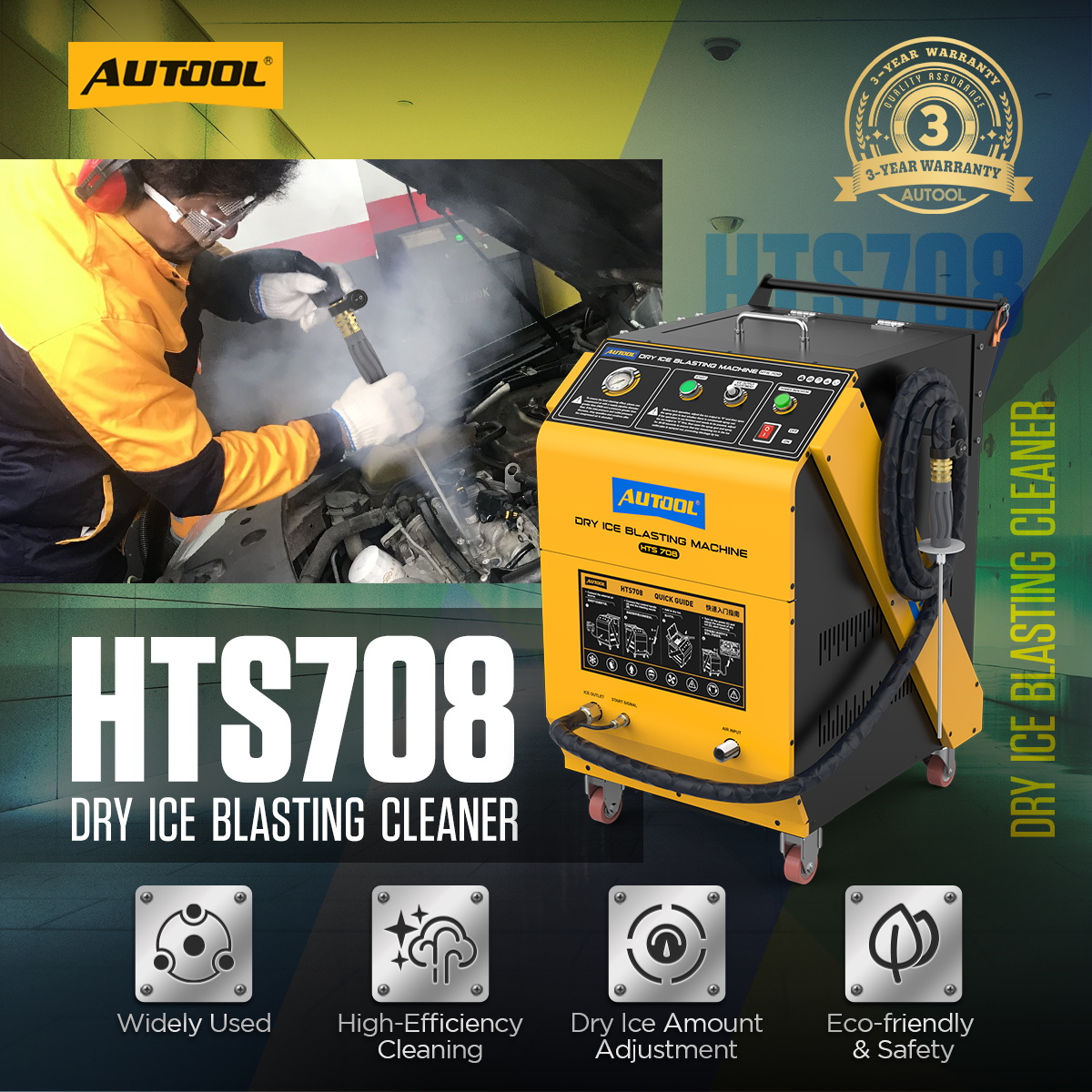 AUTOOL HTS708 dry ice blasting cleaner main product image with automotive engine cleaning scene