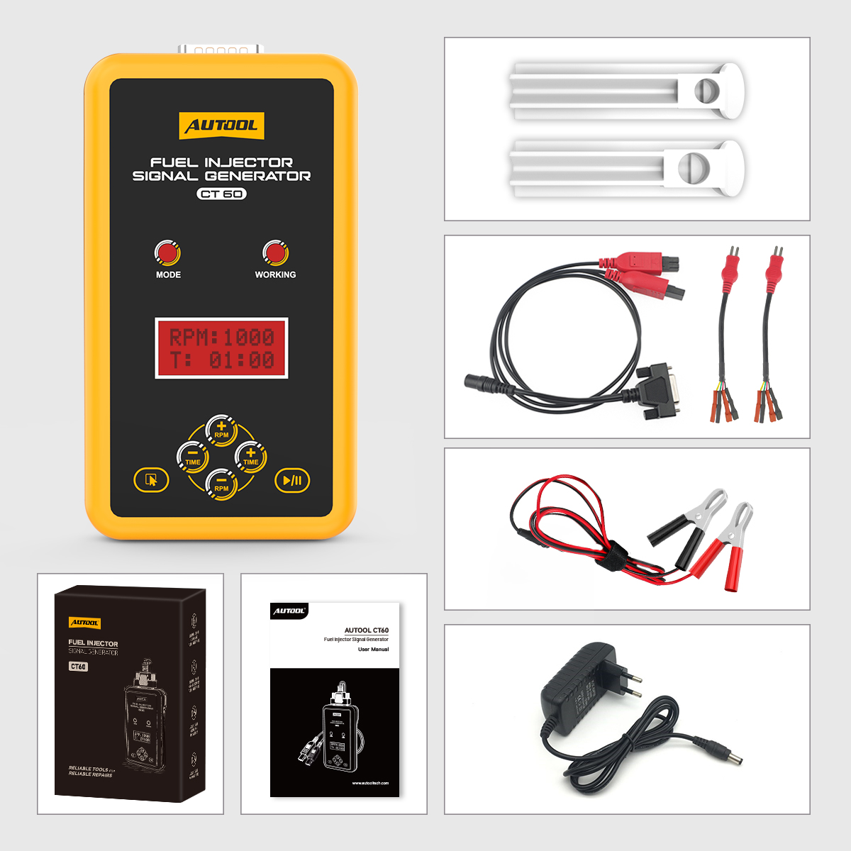 AUTOOL CT60 packing list with main unit connector accessories cables power adapter user manual and retail box