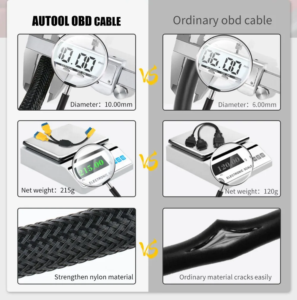 AUTOOL OBD cable comparison showing 10mm diameter 215g weight and strengthened nylon material