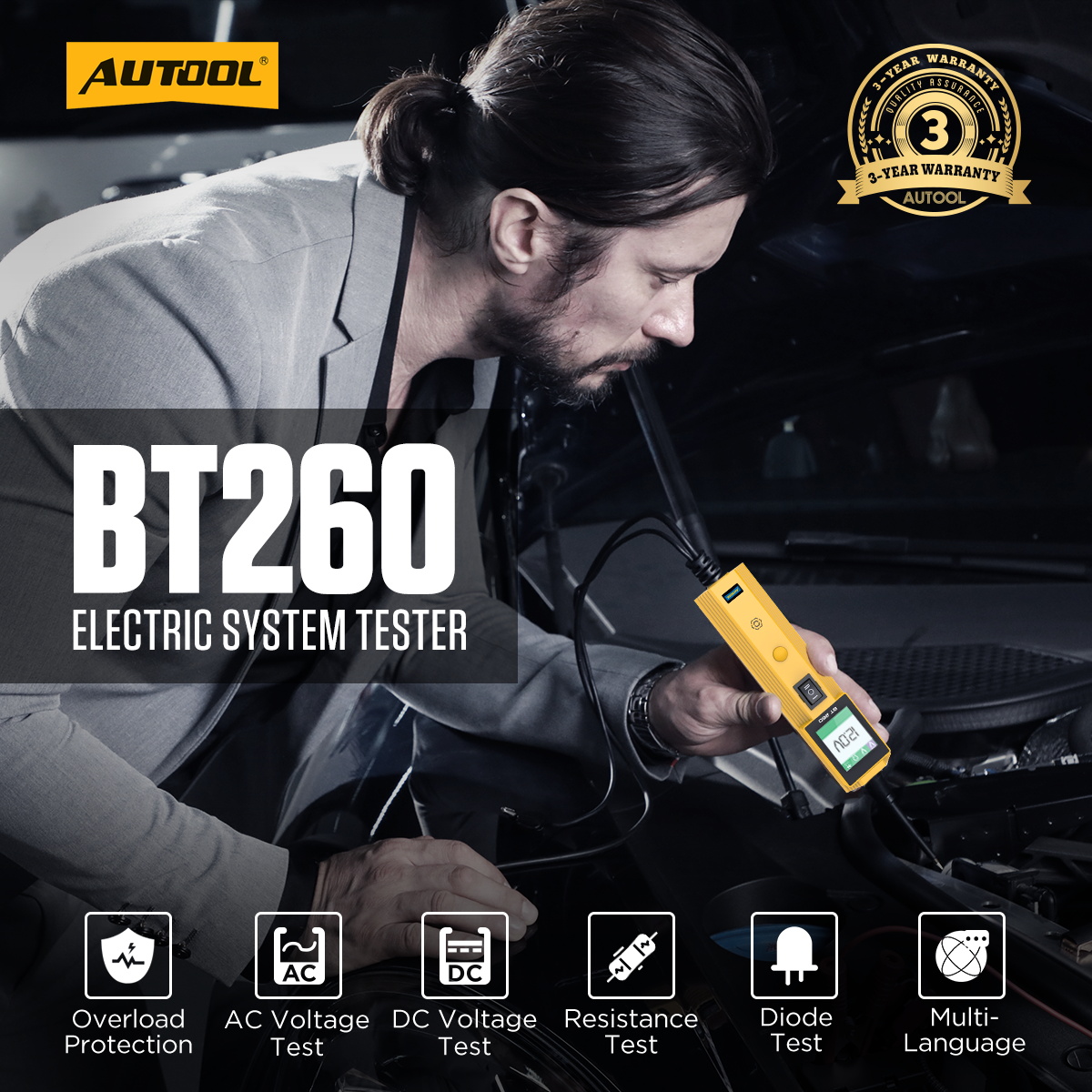 AUTOOL BT260 electrical system tester main product image with overload protection AC voltage DC voltage resistance diode and multi-language functions