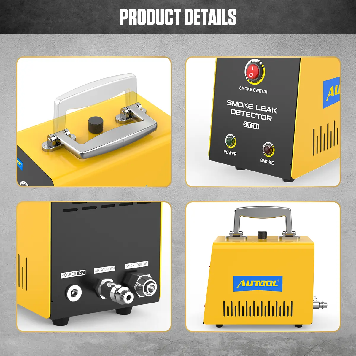 AUTOOL SDT101 product details including handle smoke switch power indicator air source interface and smoke output