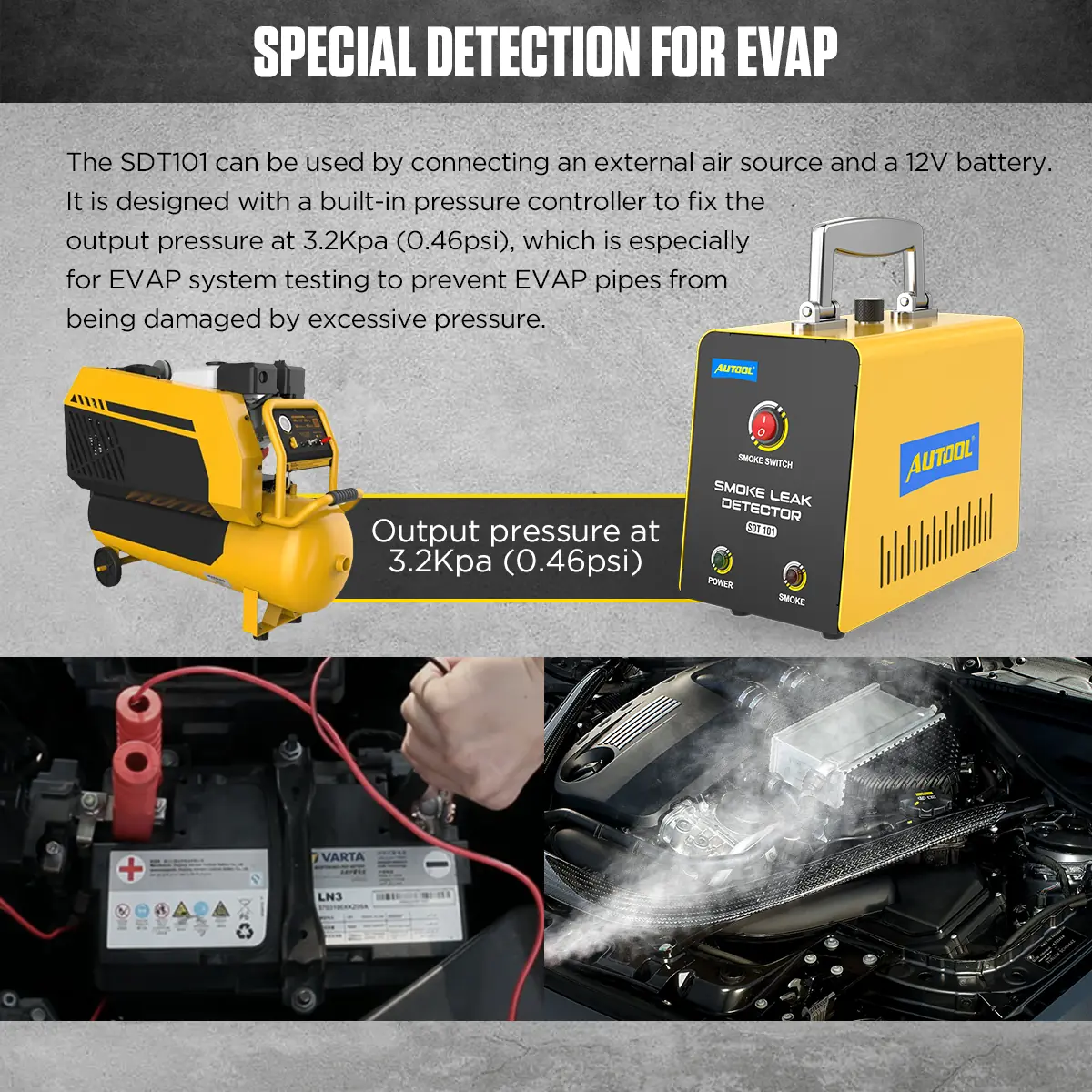 AUTOOL SDT101 external air source DC12V battery and 3.2kPa EVAP testing diagram